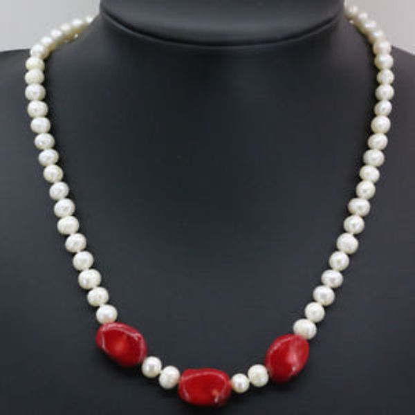 Novo colar de coral vermelho fino de pérolas cultivadas em água doce natural de 7 a 8 mm feito à mão 45 cm joias da moda