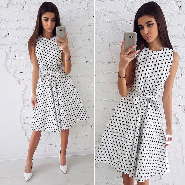 

женщины лето dress 2018 мода dot печати рукавов повседневная boho dress дамы элегантный винтаж колен платья партии vestidos, Black;gray