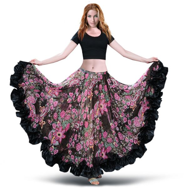 

2018 new bellydancing bohemia chiffon large skirts gypsy tribal belly dance skirt gypsie costume dress clothing 6041, Black;red
