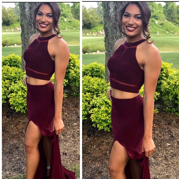 

two piece slit prom dress mermaid burgundy party gowns with side slit concise women evening dress, Black