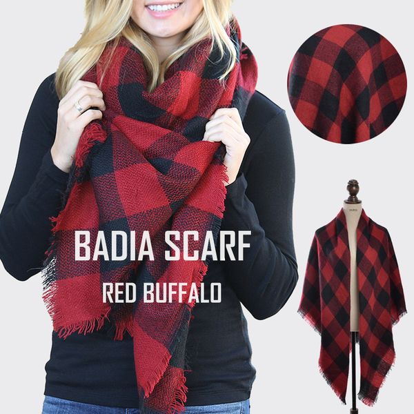 

winter women chic knit red buffalo plaid blanket scarf oversize warm acrylic check red and black blanket cape shawl s18101904, Blue;gray