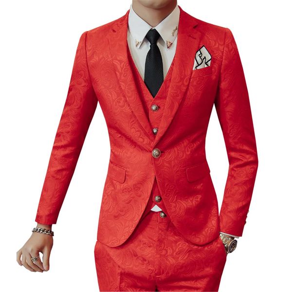 

2018 new pure color jacquard men's suit jackets + vests + pants s xl 2xl blue black red fashion business wedding party slim fit, White;black