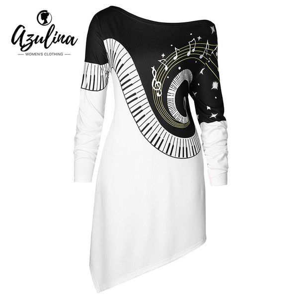 AZULINA Plus Größe Musik Notizen Asymmetrische T-Shirt Frauen Kleidung Skew Neck Langarm T Shirt Weibliche Neue Damen Tops Pullover