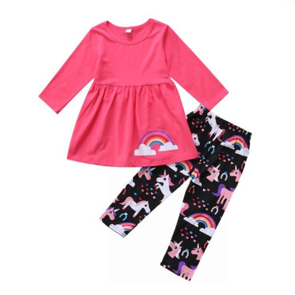 

2pcs kid girls clothing set toddler kids baby girl unicorn clothes t shirt + pants leggings outfits set, White