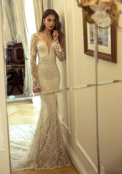 

великолепное свадебное платье русалки джули вино sheer с длинными рукавами кружева плюс размер свадебных платьев халаты де мари, White