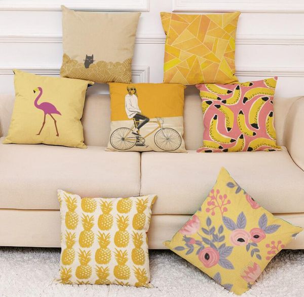 Yellow Color Flower Bird Pillow Case Cushion Cover Linen Cotton