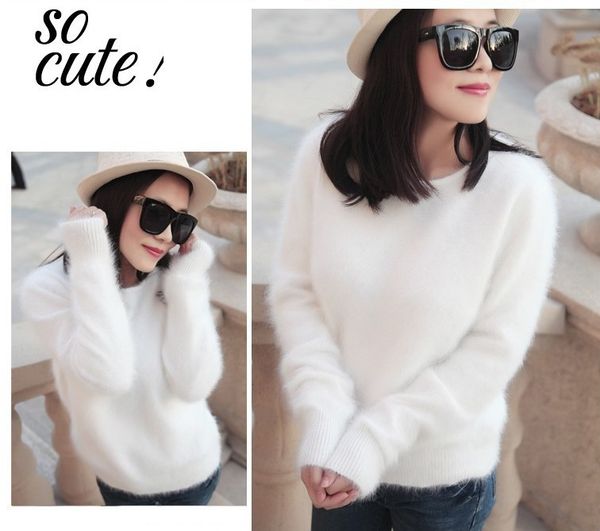 

100% mink cashmere sweater women sweaters and pullovers pure mink cashmere knitted pullover ladies sweater t17107, White;black