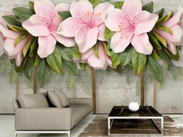 

3d three-dimensional embossed pink flower leaf brick wall tv backdrop modern wallpaper for living room