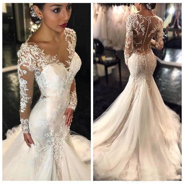 

2019 New Gorgeous Lace Wedding Dresses Mermaid Dubai African Arabic Style Petite Long Sleeves Wedding Dress Fishtail Custom Made Bridal Gown