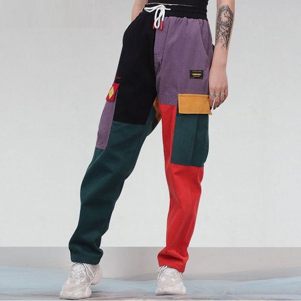 

Вельвет Цвет Блока Лоскутное Карманы Грузовые Гарем Брюки 2018 Мужчины Женщины Haraju