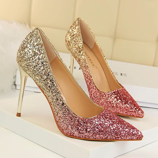

new fashion nightclub women's shoes high-heeled shallow mouth pointed slim sequin single wedding shoes fast delivery, Black