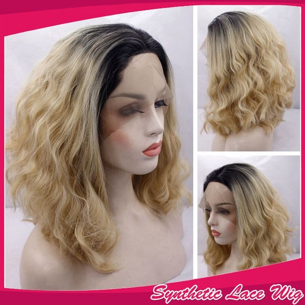 Ombre Black To Blonde Two Tones Color Loose Wavy Wig Short Curly
