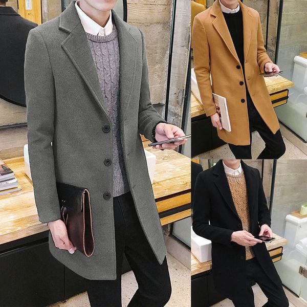 

men formal coats single breasted figuring overcoat long wool jacket stylish outwear #0807, Black