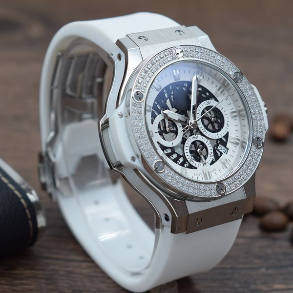 

Sport tyle quartz multi function topwatch tainle teel ca e diamond white rubber trap luxury brand man 039 wri t watch