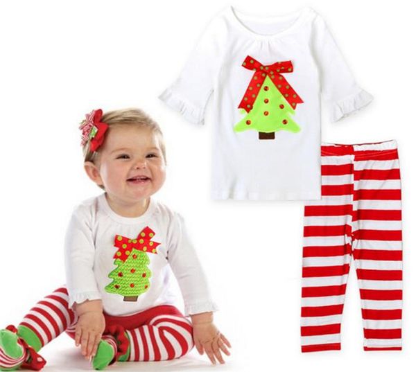 

Рождественские наряды костюм дети белый хлопок вышивка футболка + полосатый брюк