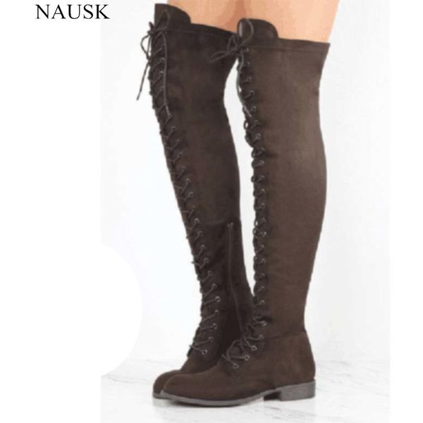 

nausk lace up over knee boots women boots ladies shoes woman square heel rubber flock snow botas 2017 winter overknee, Black