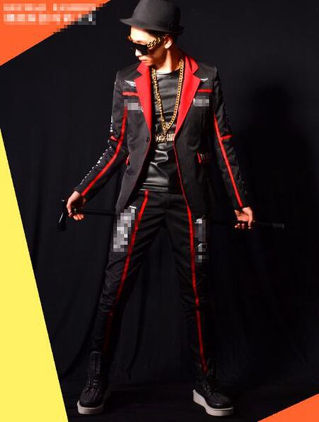 

man han edition of the new fashion boutique personality anchor bar singer stage costumes dance suit black buiter splicing suit jacket m-2xl, Black;red