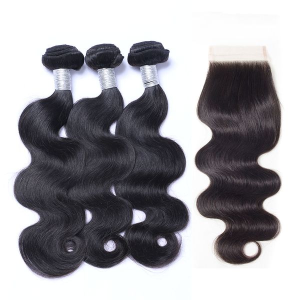 8A Fechamentos de Laço de Grau com 3 Bundles Brazilian Indian Indian Malaysian Corpo Camboja Onda Virgem Humano Weave Extensões do Cabelo