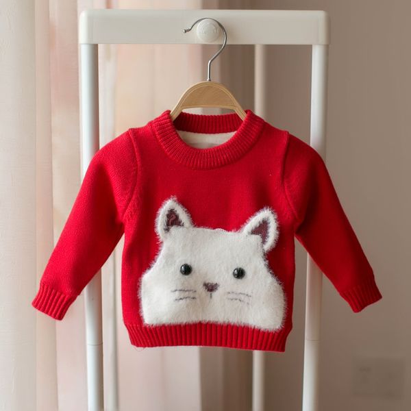 

girls sweaters 2018 new style winter baby cartoon kitten plus velvet thick sweater kids girls sweaters red pink, Blue