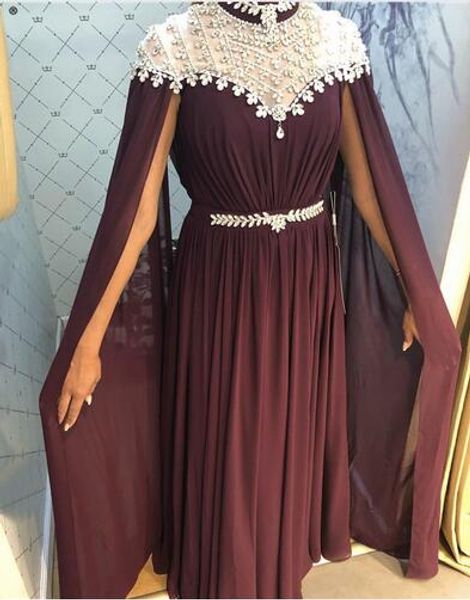 Design de Dubai Vinho Tinto Chiffon Vestidos de Baile Sem Mangas De Diamante Xaile Fio Festa Sexy Vestidos de Noite 2018