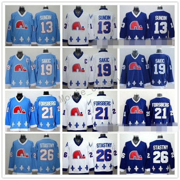 

Quebec Nordiques Jerseys Ice Hockey 13 Mats Sundin 21 Peter Forsberg 26 Peter Stastny 19 Joe Sakic Team Color Navy Blue White