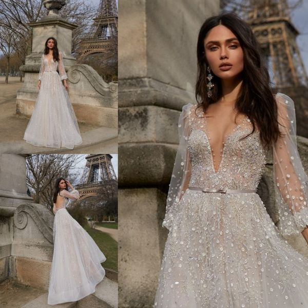 

julie vino 2019 sparkly wedding dresses 3/4 long sleeves beaded sheer v neck open backless boho bridal gowns, White