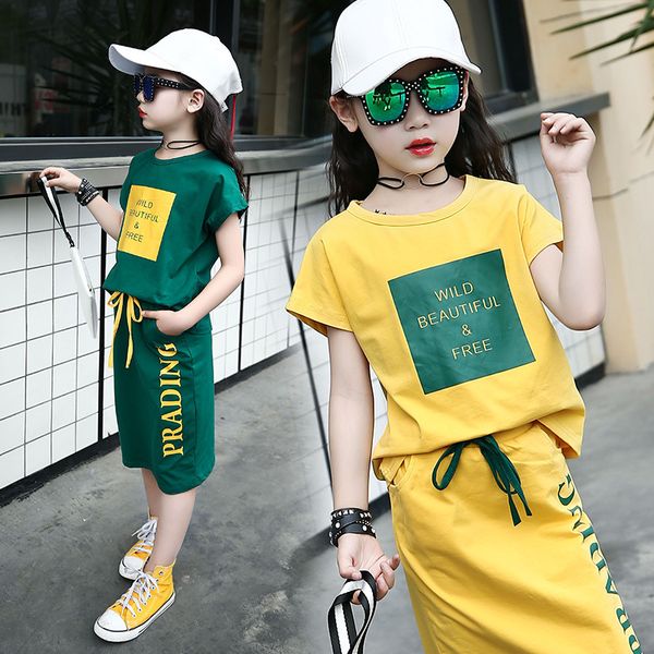 

children's summer dress + t shirt 2 pieces set girls short sleeve cotton t shirt clothing set outfits kids clothes 10 12 year, White