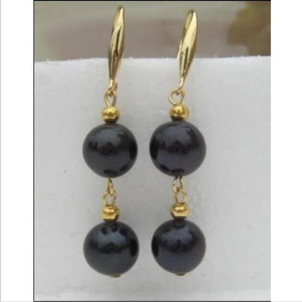 

gorgeous natural round black 9-10 pearl dangle earring 14k yellow gold hook, Golden