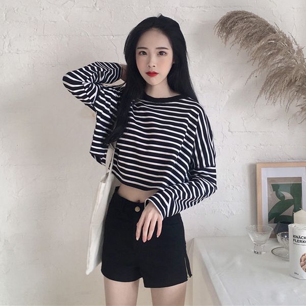 

harajuku women's loose long sleeve crop t-shirt korean style striped stitching tshirt female preppy casual slim cropped top, White
