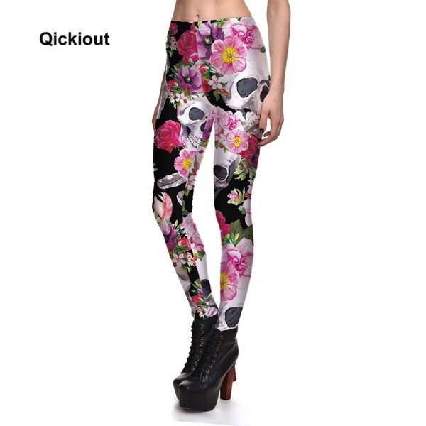 

qickitout leggings fitness fashion new flowers jasmine skull women's leggings fashion stretch digital print pants trousers, Black
