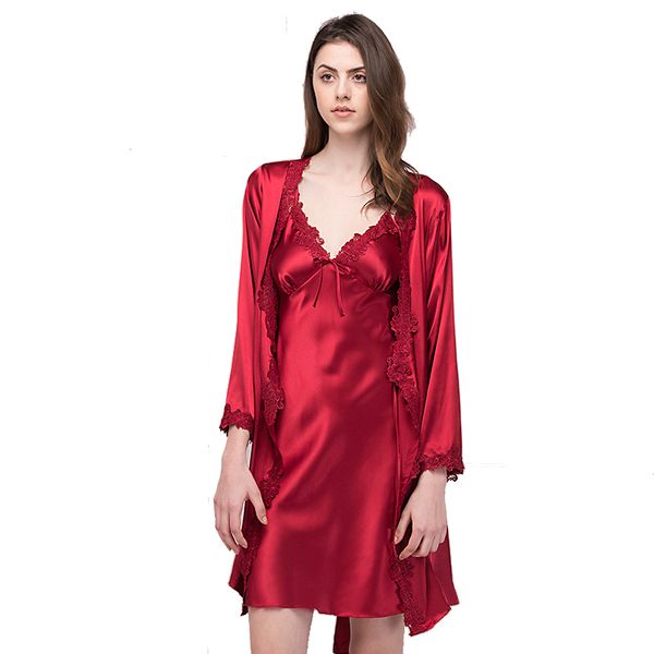 

2017 new women satin nightgown robe set lace strap dress+robe sleepwear two pieces female nightwear night dress, Black;red