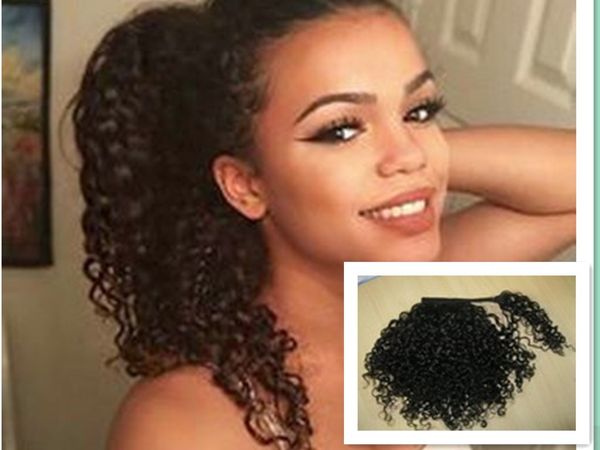 

100% human curly pony tail hair piece wraps around kinky curly ponytail drawstring 120g colors aviable fast delivery ship, Black
