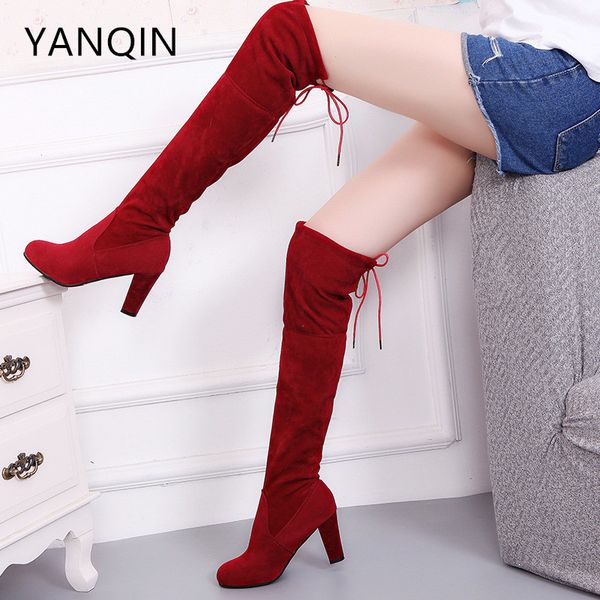 

yanqin 2018 new celebrity the same paragraph european and american ladies over- the -knee boots nubuck thick high-heel boots, Black