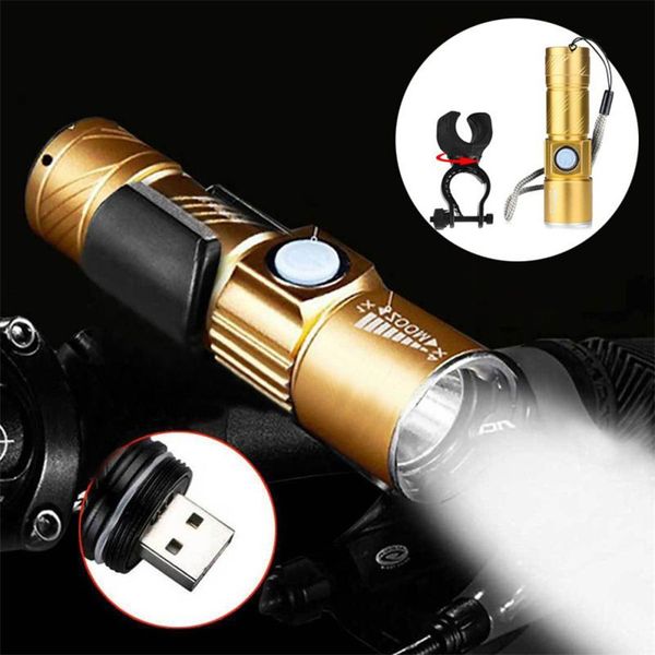 

led bike flashlight cycling front lamp usb rechargeable 3 modes zoom waterproof torch bicycle light lamp stand holder