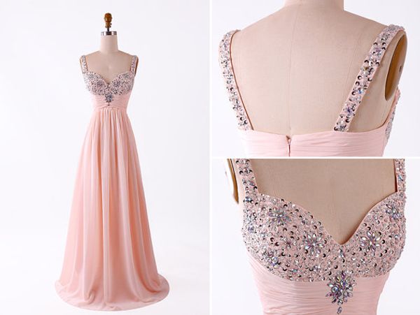 Eleganti abiti da sera rosa Impero economico con strass di spaghetti Cristalli Bling Paillettes con perline in chiffon Pieghettato Lunghezza del pavimento per le donne Ragazze