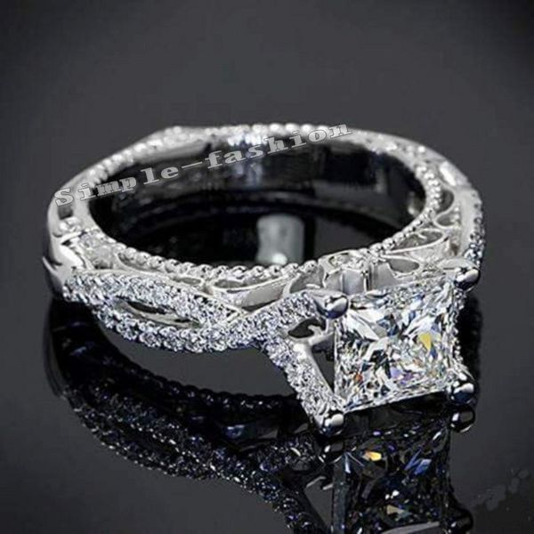 

women vintage ring handmade princess cut 2ct diamond 925 sterling silver engagement wedding band ring for women, Slivery;golden