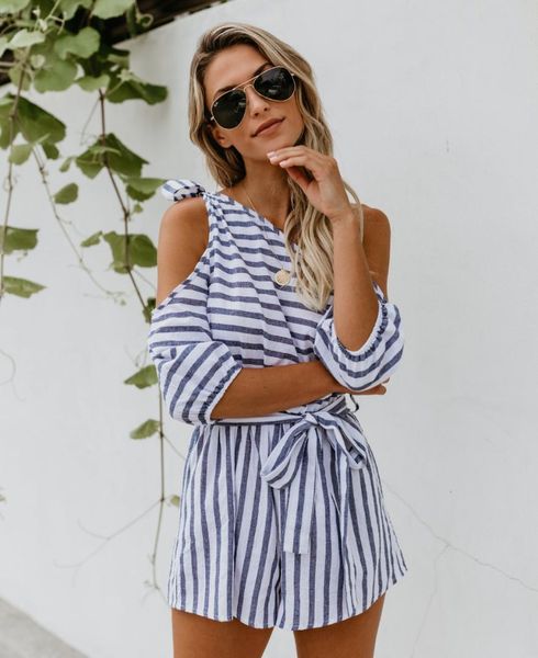 

womens holiday playsuit ladies one shoulder lace up summer beach striped playsuit, Black;white