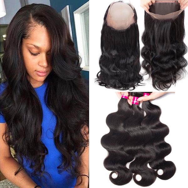 

brazilian human hair bundles with closure body wave & straight 3 bundles with 360 full lace closure 100% unprocessed brazilian peruvian hair, Black