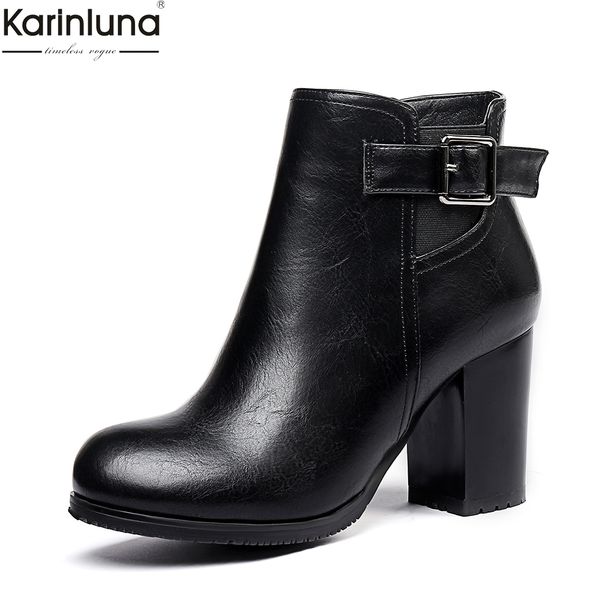 

karinluna new arrivals dropship big size 32-43 high heels ankle boots pu leather women shoes woman boots shoes woman, Black
