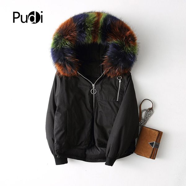 

pudi a17425 2018 new women fashion cotton jacket with feather down jacket lady real raccoon fur collar fall winter warm coat, Black;brown