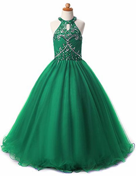 Glitz meninas pageant vestidos keyhole volta contas de cristal halter crianças vestido de baile vestido de baile vestidos para meninas flor menina d280o