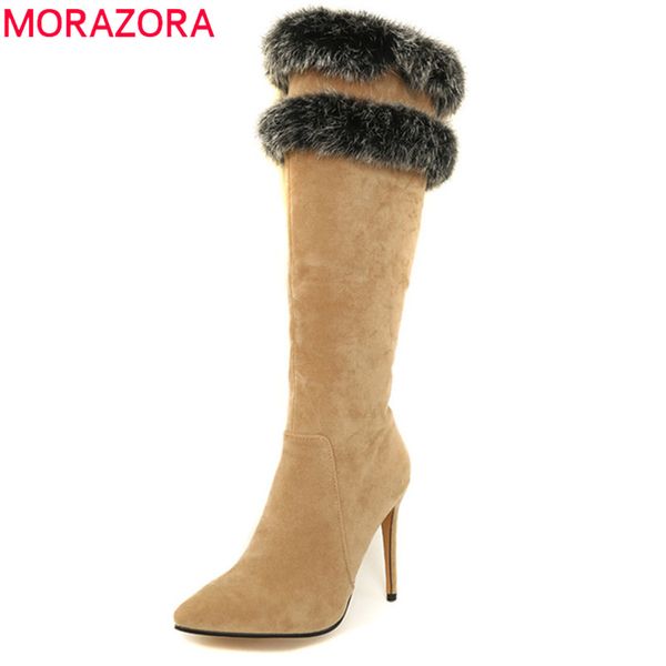 

morazora 2018 new fashion knee high boots women pointed toe flock autumn winter boots thin high heels shoes woman black