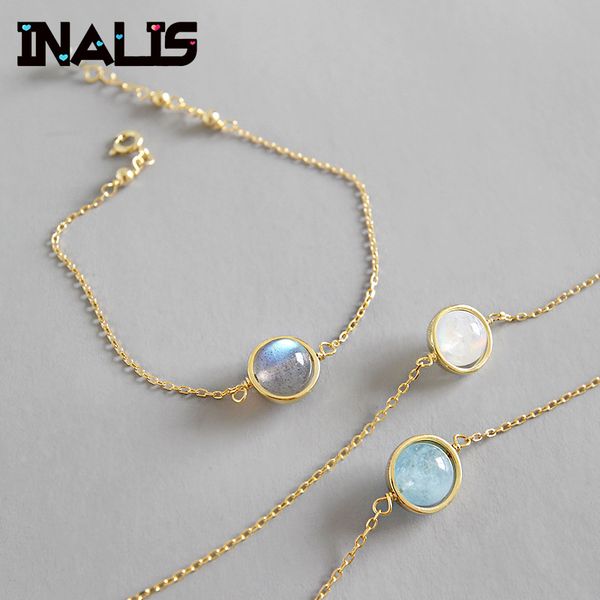

inalis новый очаровательный браслет s925 стерлингового серебра белый серый лунный камень аквамарин шарик звено цепи золотой цвет браслет для, Golden;silver