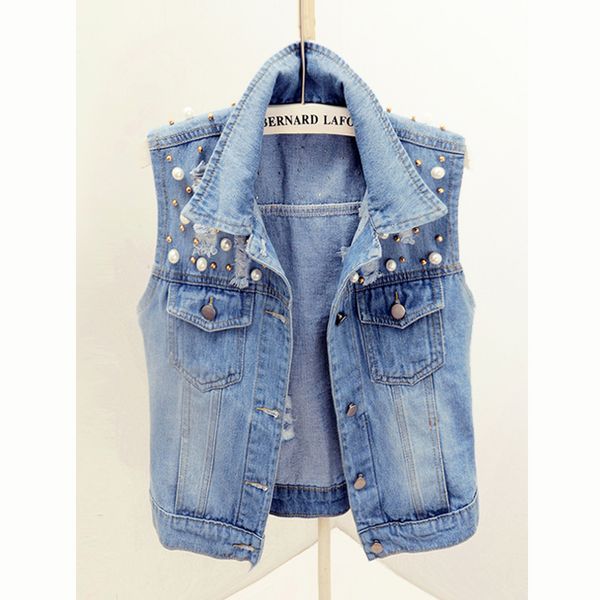 

2018 spring and autumn korean beading hole short denim vest female summer wreath waistcoat vest sleeveless jacket coat m256, Black;white
