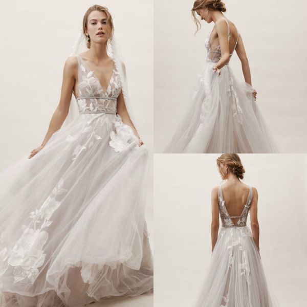 BHLDN Bir Çizgi Plaj Gelinlik V Boyun Seksi Backless Dantel Aplike Sweep Tren Ucuz Boho Gelinlik Artı Boyutu Gelin Önlükler