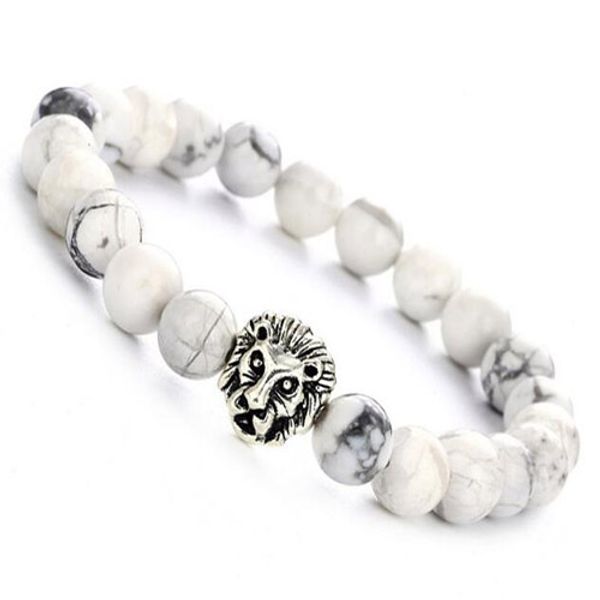 

drop shipping 8 мм lab белый howlite камень шарик браслет античное золото цвет лев голову шарм йога браслет высокого класса мужские ювелирны, Black