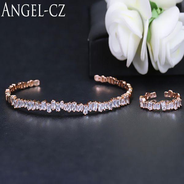 

angelcz geometric clear crystal rose gold color simple jewelry sets cute ladies resizeable cubic zirconia ring and bangle aj084, Silver
