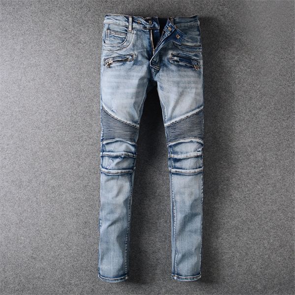 

balmain wholesale men's distressed ripped biker jeans slim fit motorcycle biker denim for men brand designer hip hop mens jeans, Blue