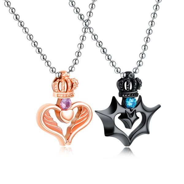 

lover's couple heart pendant necklace jewelry black rose gold crown stainless steel fashion necklaces men women jewelry gx1385, Silver