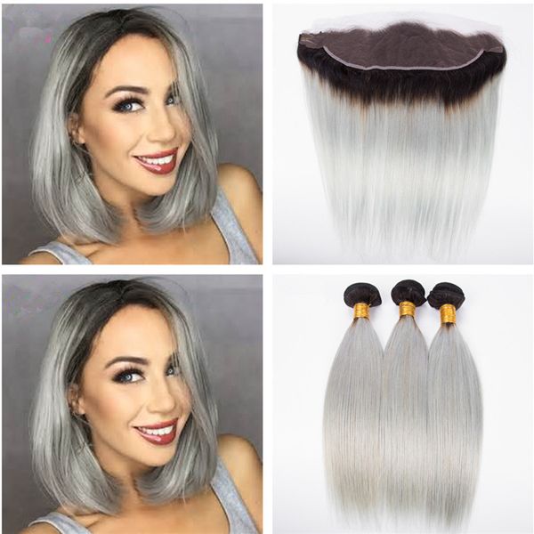 

1b grey ombre lace frontal with bundle brazilian virgin human hair weave with lace frontal clo ure black to grey hair weave with clo ure